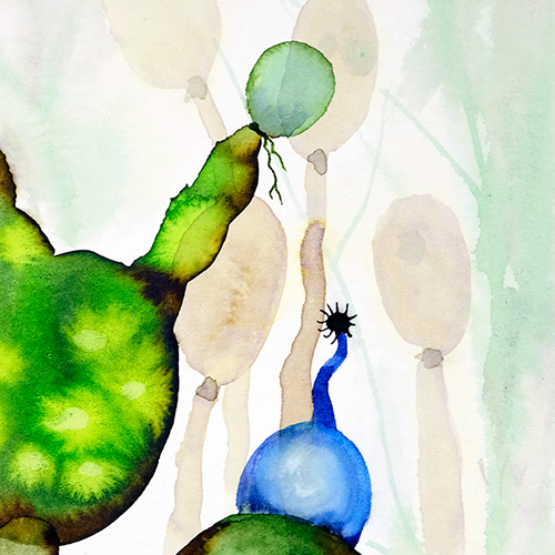 original watercolor surrealistic Marta Konieczny modern 40x30 cm best gallery beautiful  for women  for gift  for modern interior  best decoration for loft  green  botanic  organic  plants  fantastic  flovers  green  surrealistic